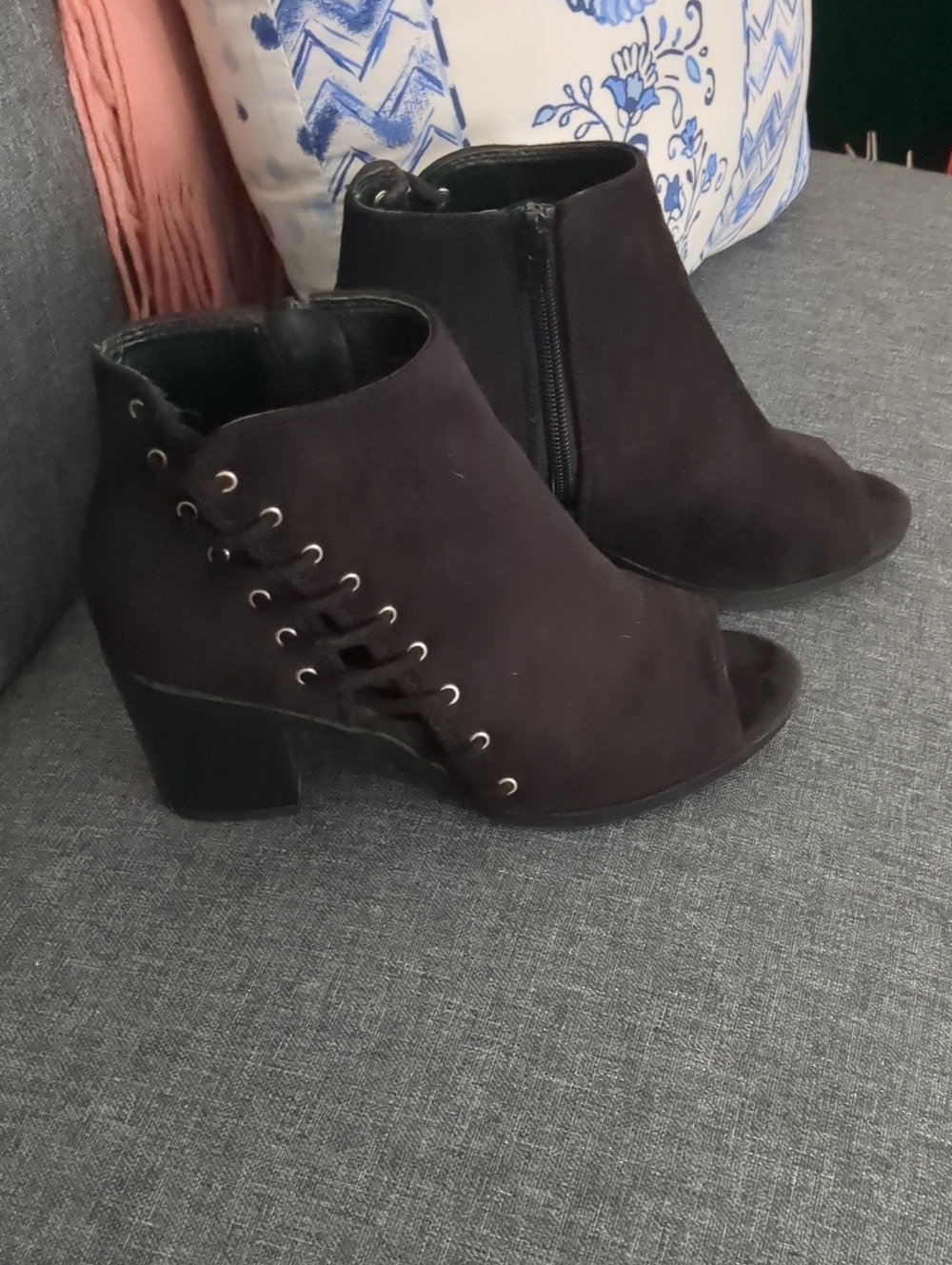 Soda Suede Black Lace-Up Open-Toe Block Heel Ankle Boots